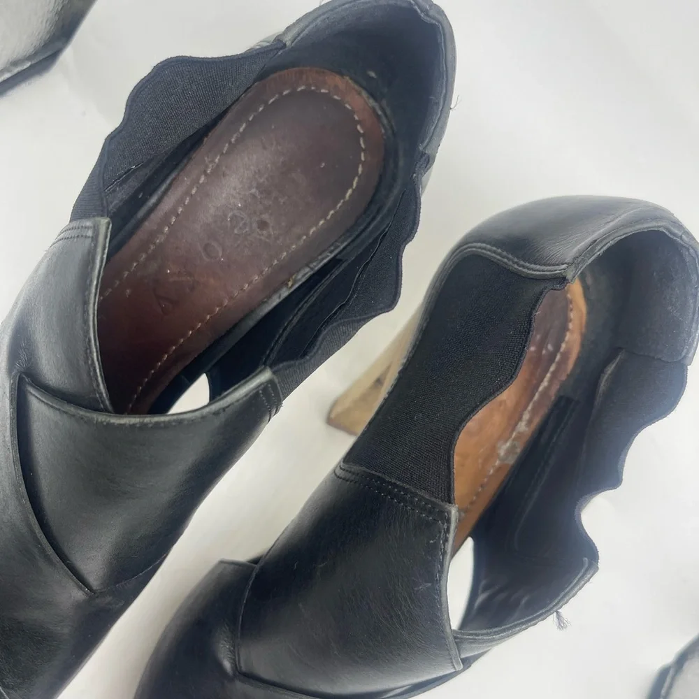 Theory Shoes Heels Black Leather Wrap Wooden Wood Heeled Sandals Size 8 Womens